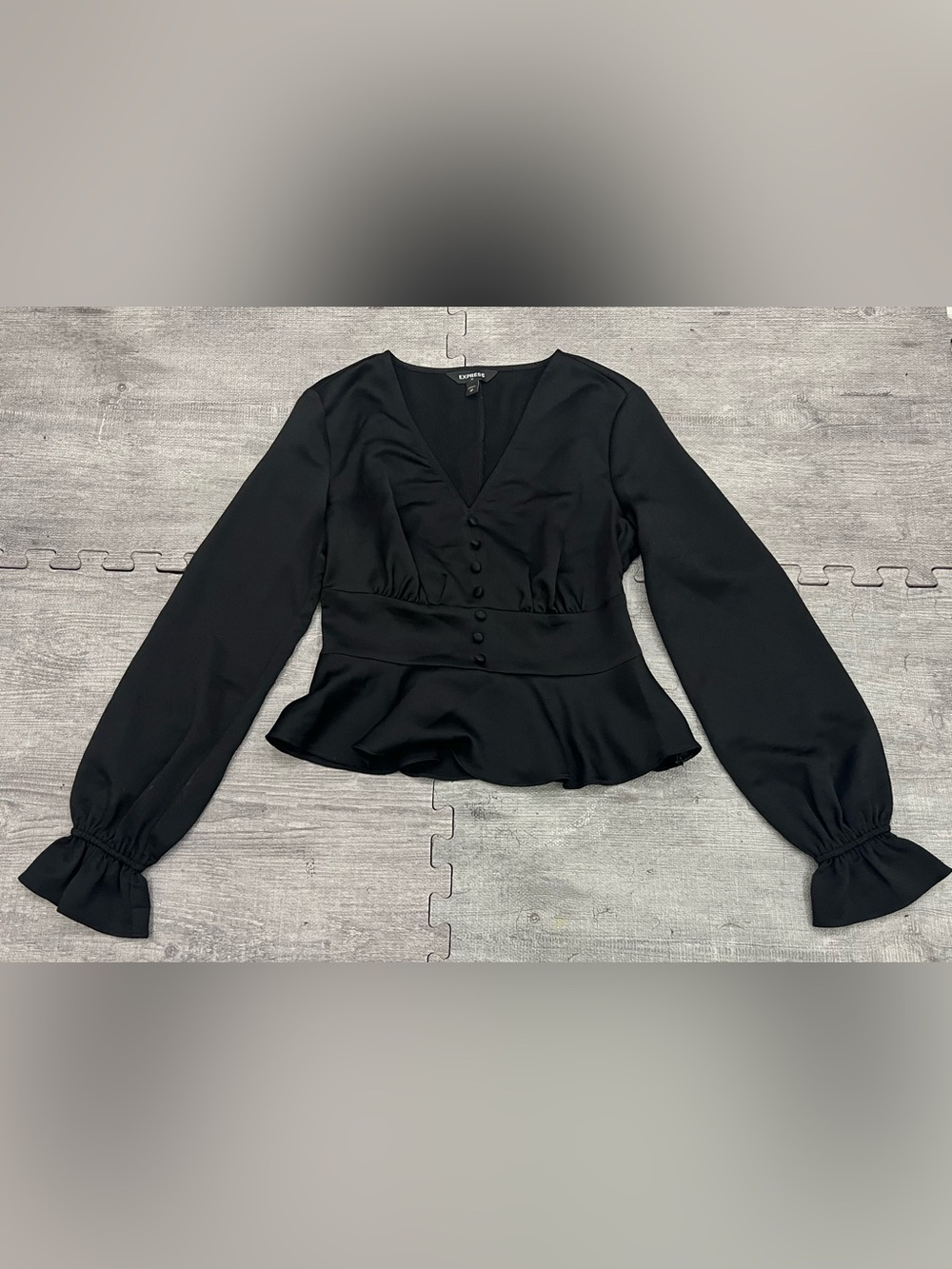 Express Black V-Neck Long Sleeve Button Front Peplum Blouse XS
